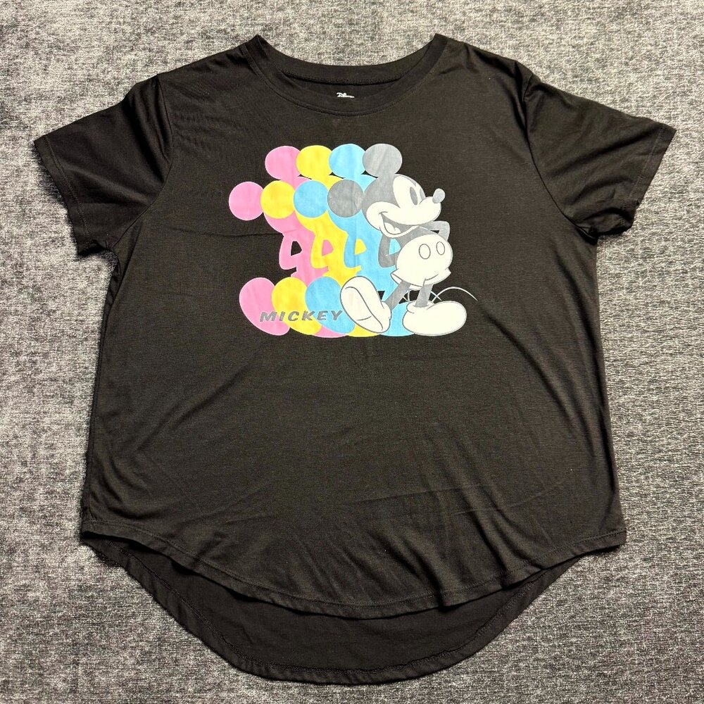Disney Mickey Mouse Women’s T-Shirt XXL Black Pastel Graphic Hi-Low Hem Flaw